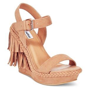 Not Rated Womens Roaring Ruby Beige Faux Suede Fringe Wedge Sandals Shoes New